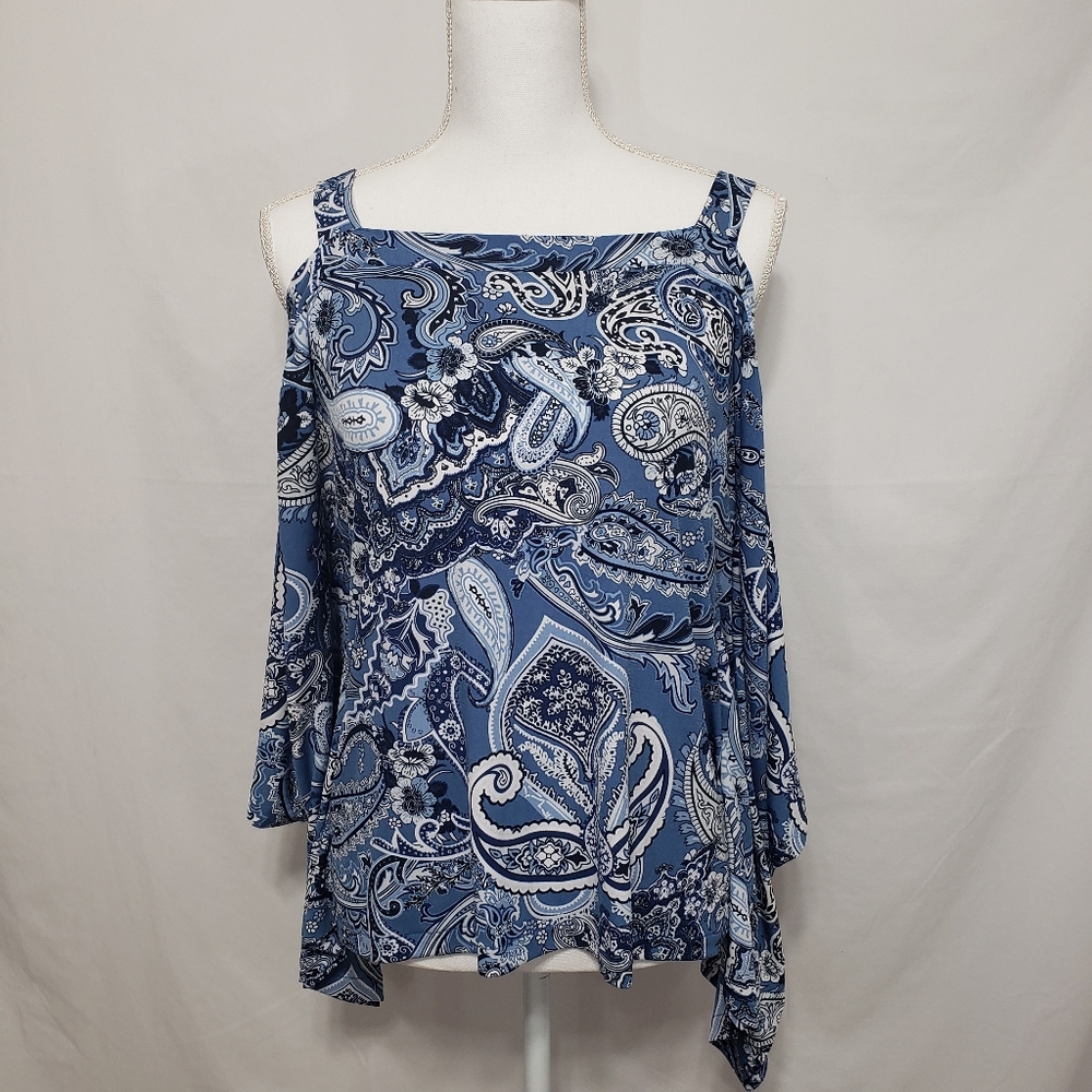 ECI Blue & Black Paisley Batwing Top Sz S - Picture 2 of 8